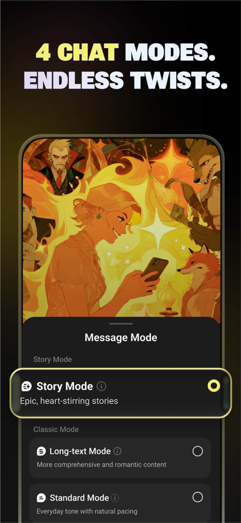 Flipped:Chat with AI Character - Flipped app interface showing chat modes including Story Mode and Long-text Mode with fantasy character artwork