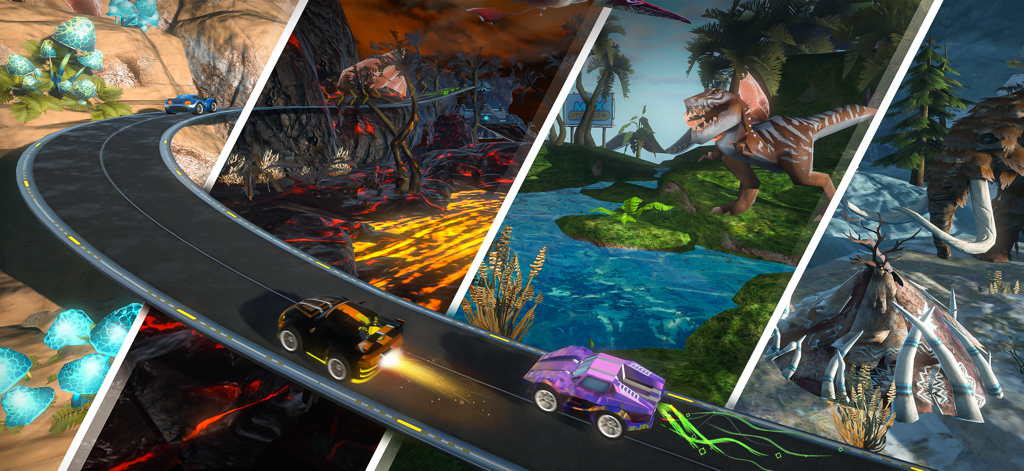 Max Speed: 3D Stunt Race - Collage of racing environments including prehistoric volcanic and icy tracks in Max Speed 3D