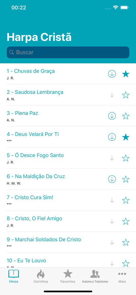Harpa Cristã + - Interface of the Harpa Cristã app showing a numbered list of Christian hymns and navigation bar.