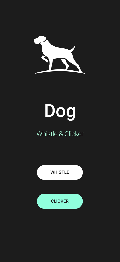 Menu principal do aplicativo Dog Whistle and Dog Clicker mostrando botões para funções de apito e clicker