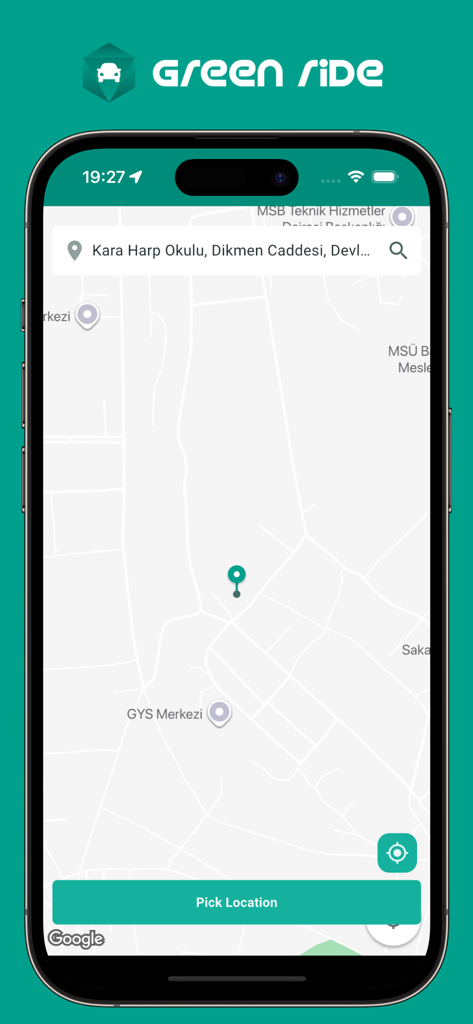Green Ride – Taxi & Delivery - Interface de l'application Green Ride montrant une carte pour sélectionner un lieu de prise en charge ou de livraison.