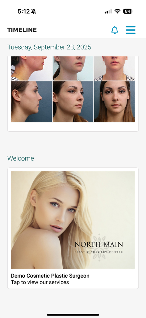 myTouchMD - for Patients - A interface da linha do tempo do paciente myTouchMD exibindo fotos de avaliação facial e serviços de cirurgia plástica.