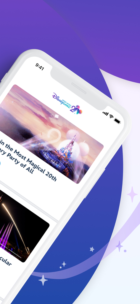 Hong Kong Disneyland - 20주년 기념 행사 상세 내용과 성 이미지가 포함된 홍콩 디즈니랜드 앱 홈 페이지를 보여주는 아이폰
