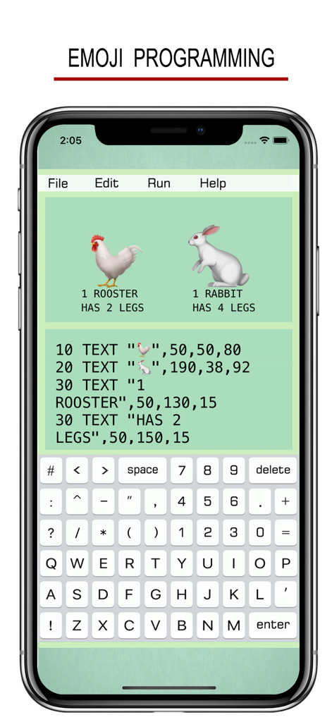 BASIC - Programming Language - 絵文字とグラフィック出力を備えたBASICプログラミングコードを表示するモバイルアプリのインターフェース