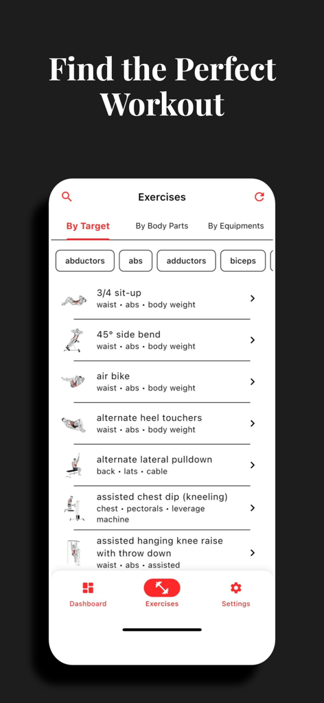 Madmuscles Fitness Gym Workout - The exercise library screen of the Madmuscles app showing a list of workouts filtered by target muscle groups.