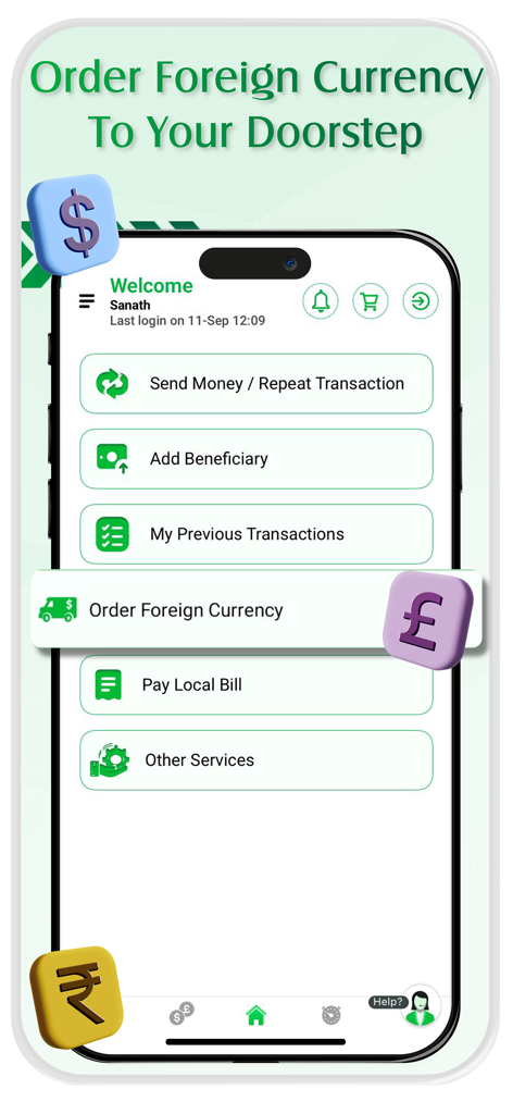 Al Mulla Exchange - Interfaccia dell'app Al Mulla Exchange che evidenzia la funzione di consegna a domicilio di valuta estera