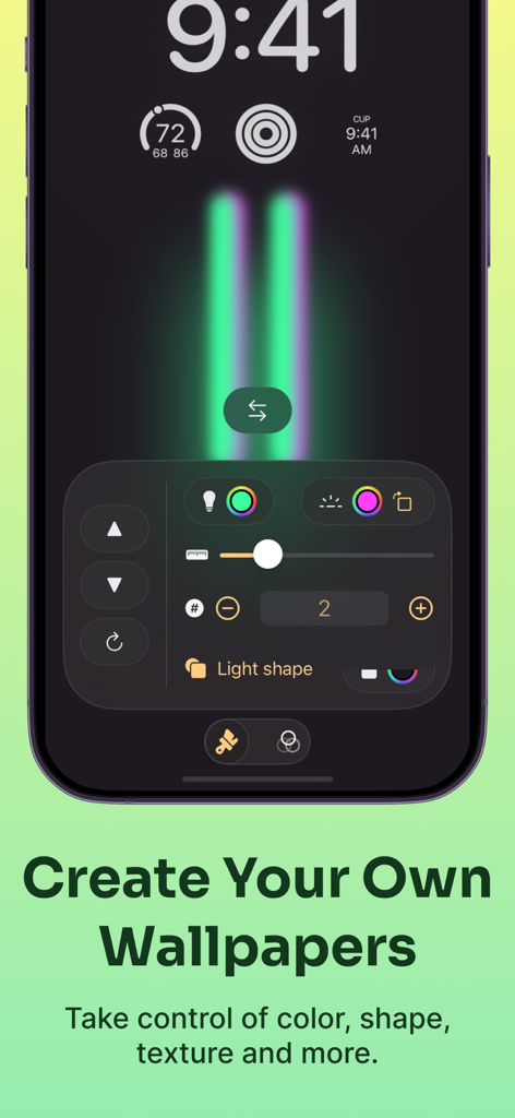 Minipaper: Wallpaper Maker - Oberfläche der Minipaper-App mit Werkzeugen zur Anpassung von Farben und Formen für minimalistische Hintergrundbilder auf einem iPhone.