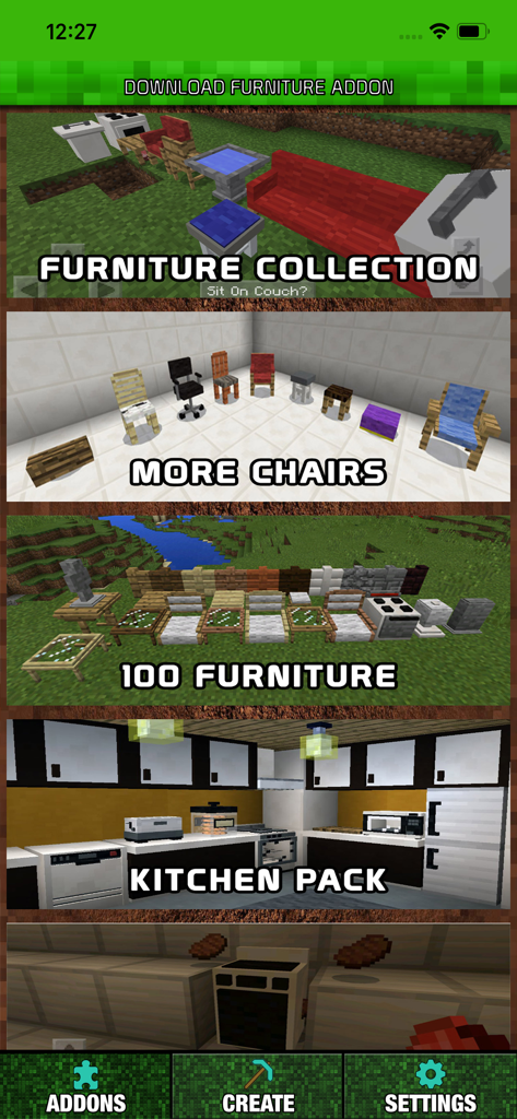 A menu showing various furniture packs for Minecraft including kitchen sets and different chair styles