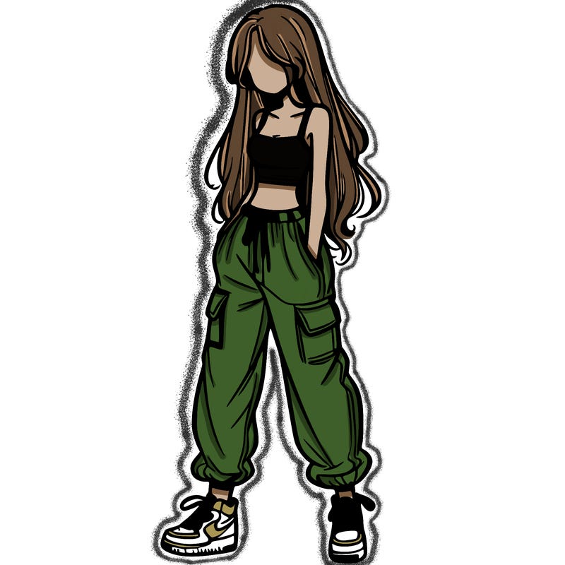 girl in baggy pants crop top and long hair