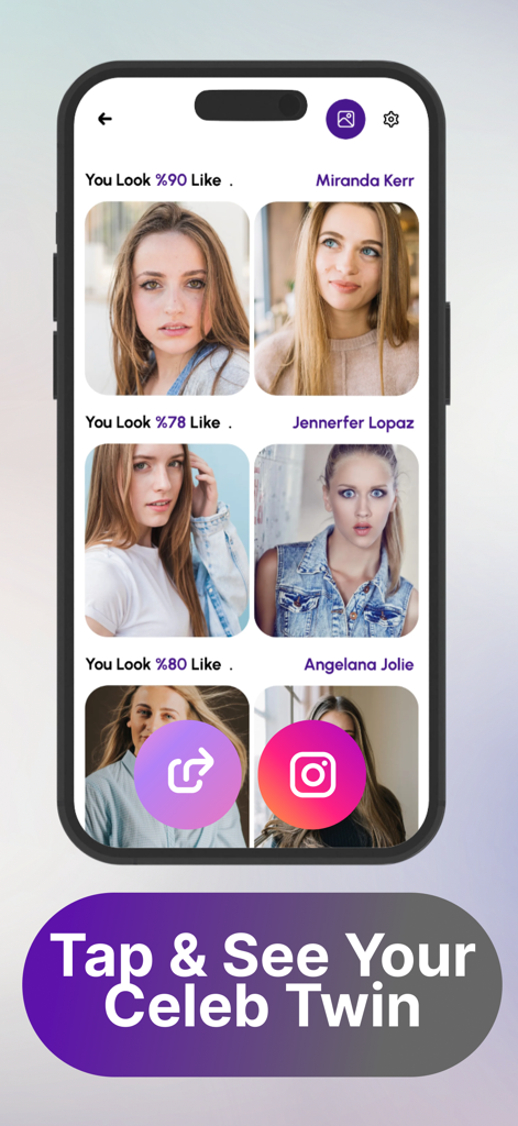 Your Famous Twin - Celebity - Mobile app screen showing face matching results between a user and celebrities with similarity scores and sharing options