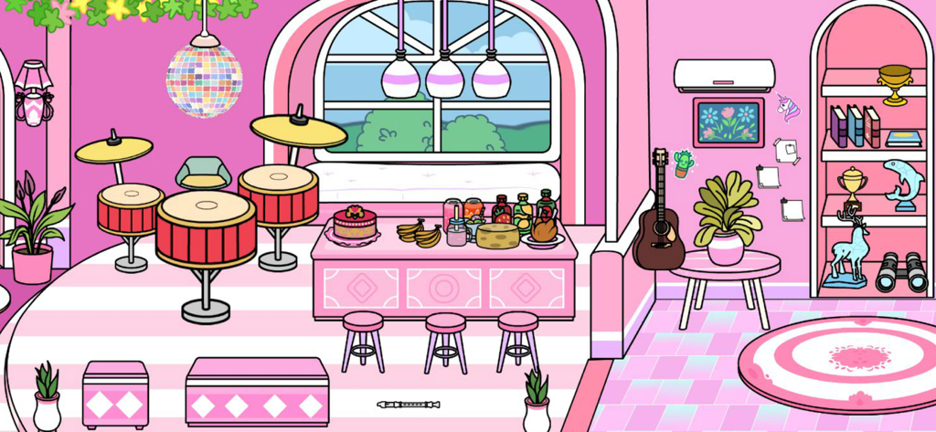 Pink Home Design - Girl Games - A pink decorated room with a drum set and snack table in a girl game