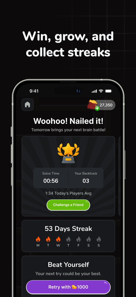 Zip Zap Puzzle: Logic Game - Post game results screen in Zip Zap Puzzle showing a 53 day streak and level completion stats