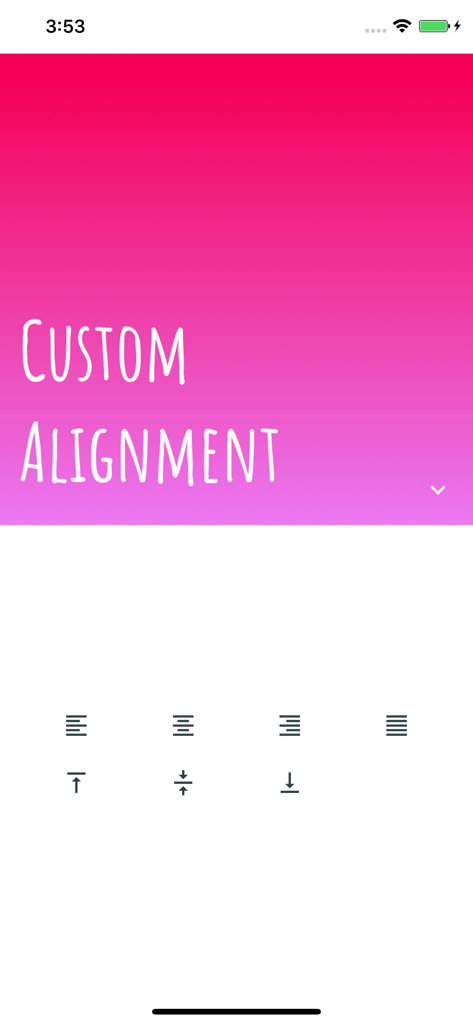 Text Only Made Simple - Configurações de alinhamento de texto personalizadas no aplicativo Text Only mostrando ícones de posicionamento horizontal e vertical sobre um fundo gradiente rosa.