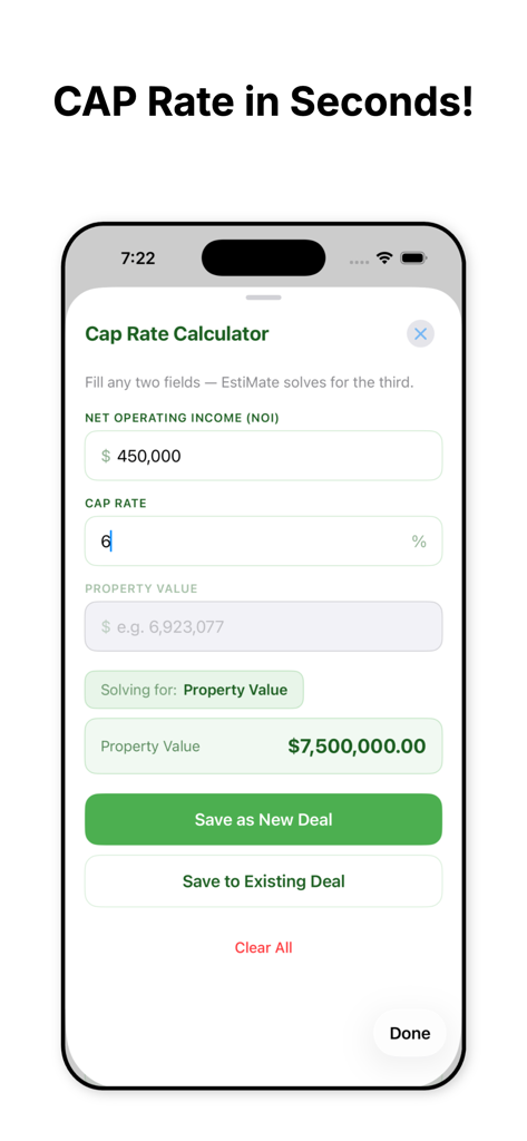 EstiMate CRE - Interface of the EstiMate CRE app featuring a commercial real estate cap rate calculator