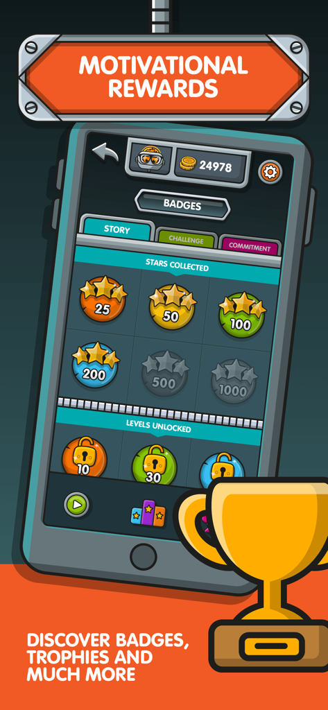 NumBots - NumBots Mobile App-Bildschirm, der motivierende Belohnungen wie Sterne, Abzeichen und eine Trophäe anzeigt.