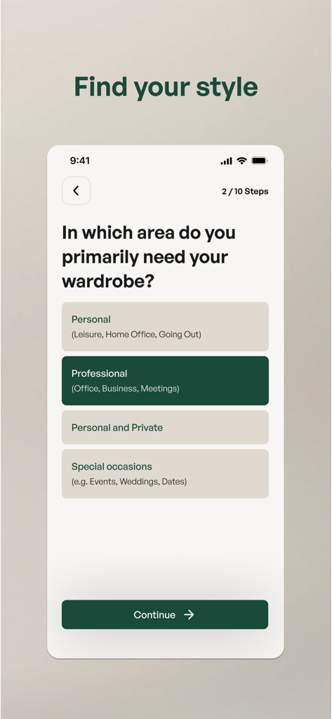 Vestio - Pantalla de incorporación de la aplicación Vestio preguntando a los usuarios sobre sus necesidades de armario principales, como profesional o personal