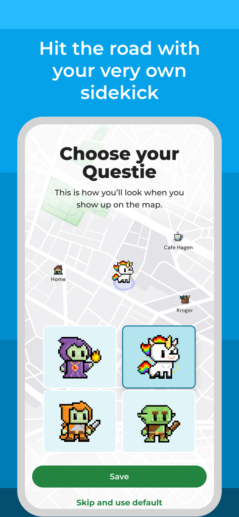 MapQuestアプリで選択できる、Questieと呼ばれるさまざまなピクセル化されたキャラクターアバターを表示する画面。