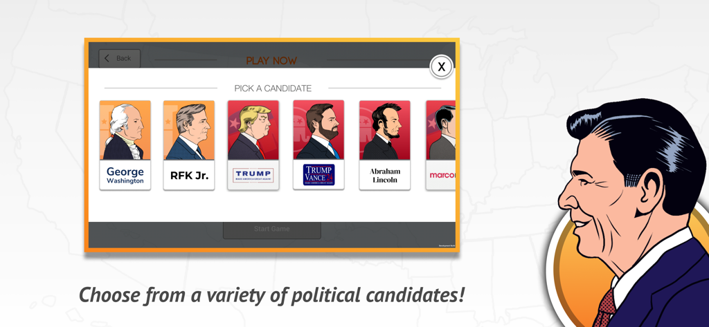 270 | Two Seventy US Election - A screen from the 270 US Election game showing a variety of historical and modern political candidates to choose from.