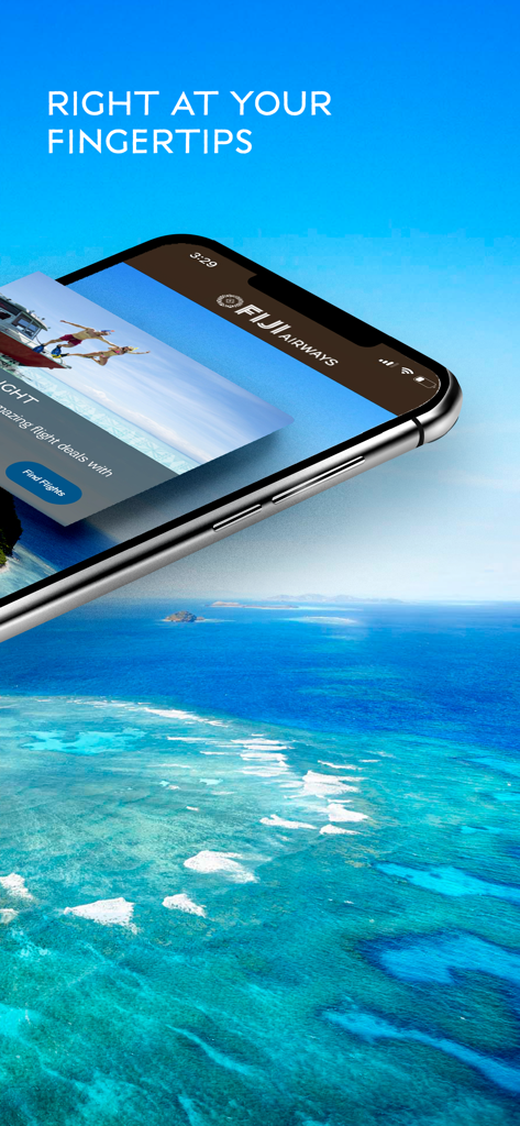 열대 섬 항공뷰 위에 있는 스마트폰 화면의 피지 항공 모바일 앱