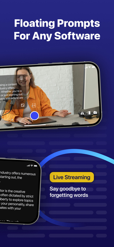 Teleprompter - Captions - ライブストリーム録画中にフローティングテレプロンプタースクリプト機能を表示するiPhone画面