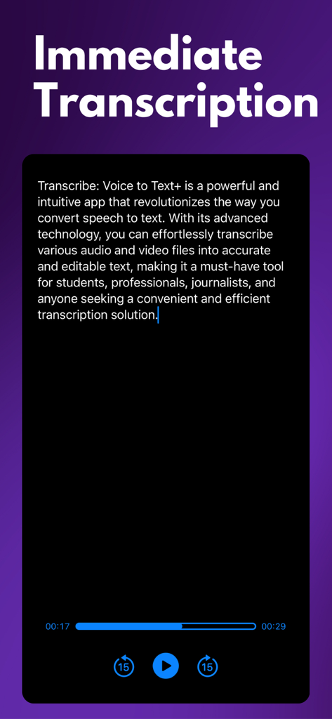 Interface do aplicativo Transcrever mostrando conversão imediata de voz para texto com controles de reprodução de áudio
