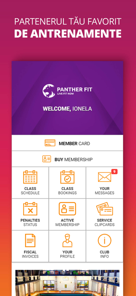 UPfit.today - Dashboard dell'app di fitness UPfit.today che mostra la tessera socio e le opzioni di prenotazione corsi
