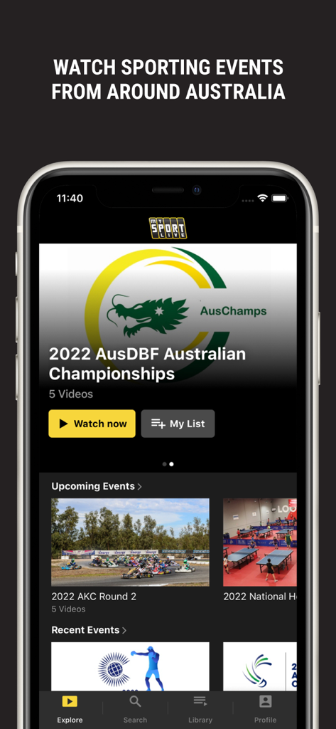 Interfaz de la aplicación My Sport Live mostrando eventos deportivos de nicho australianos como carreras de botes dragón y karts