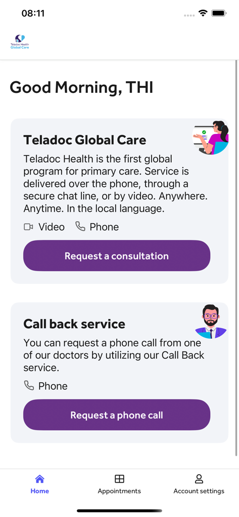 Startbildschirm der Teladoc Global Care App von Teladoc Health, der Optionen zur Anforderung einer medizinischen Beratung oder eines Rückrufs anzeigt.