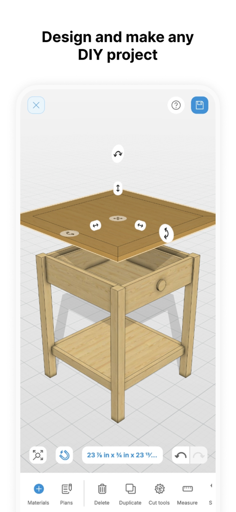 Interface of the MakeByMe app showing a 3D model of a wooden end table being designed with mobile DIY tools