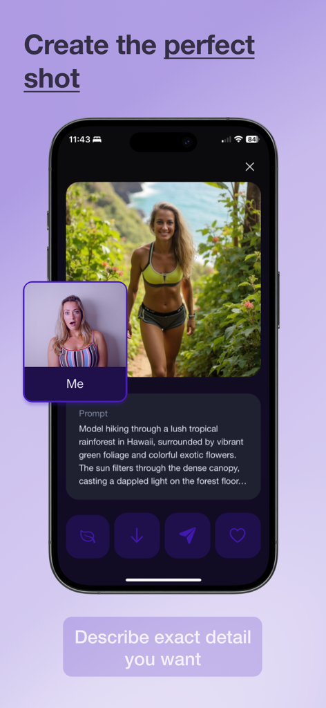 Real Photo AI App-Oberfläche, die ein Benutzer-Selfie zeigt, das basierend auf einer Textaufforderung in ein realistisches Bild einer Frau beim Wandern in einem tropischen Regenwald verwandelt wurde.