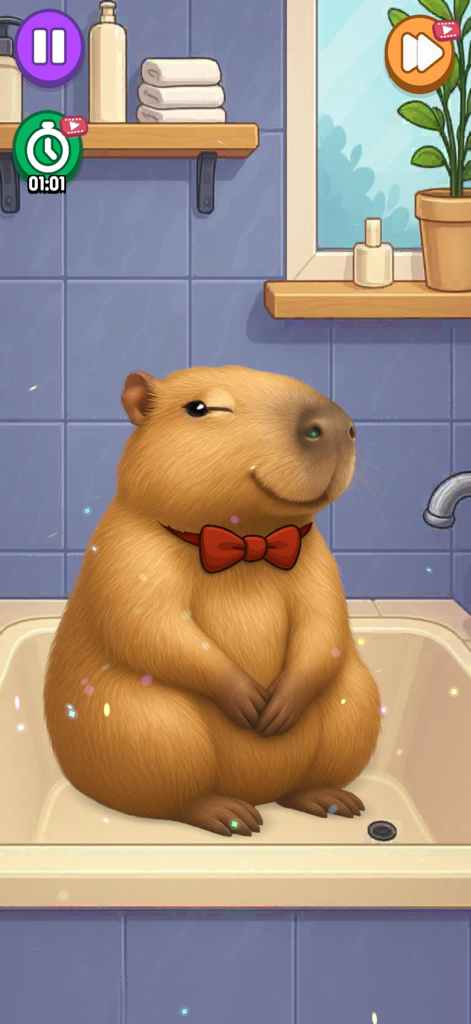 Makeup Skin Care: ASMR Salon - Uma capivara tosada com uma gravata vermelha sentada em uma pia durante um mini jogo de cuidados com animais de estimação no aplicativo Salão ASMR