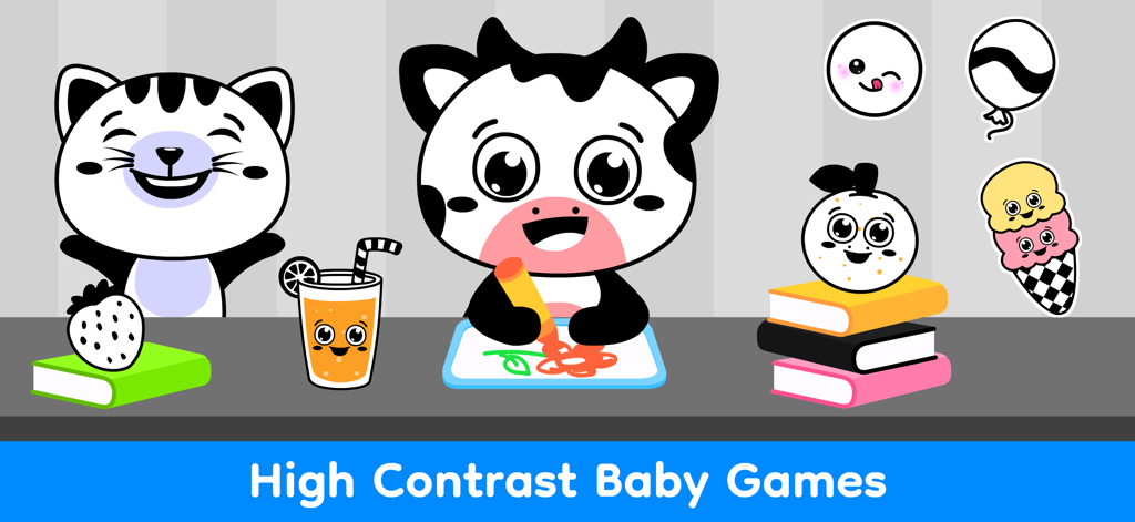 Cartoon-Kuh und -Katze in einem hochkontrastreichen sensorischen Spiel für Babys und Kleinkinder