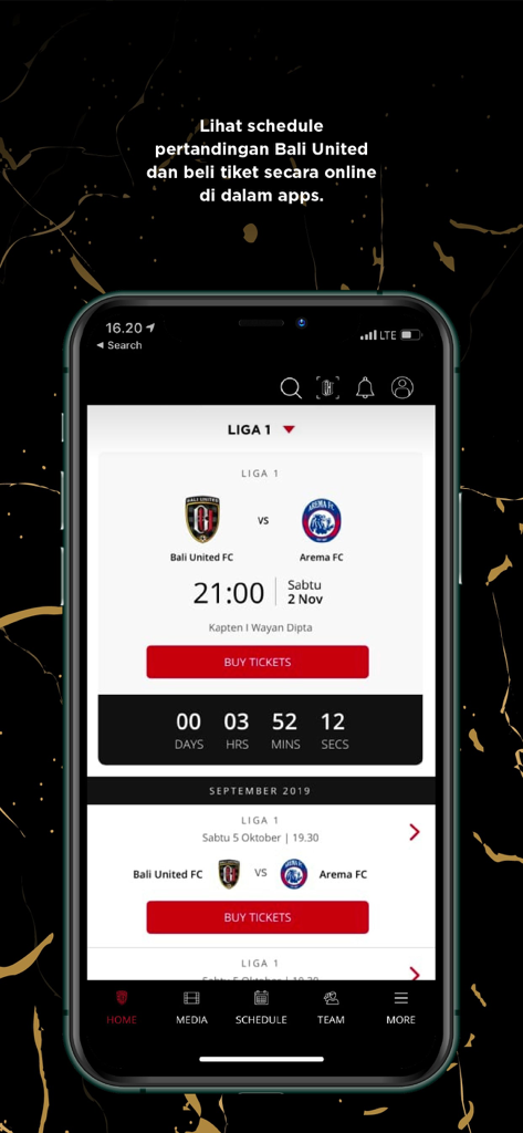 Bali United - A mobile screen showing Bali United match schedule with options to buy tickets online