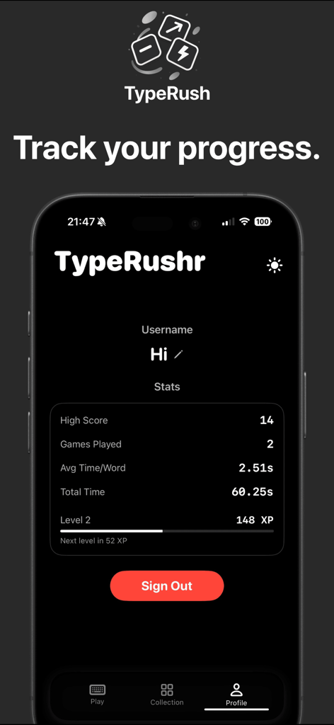 TypeRushr – Fast Typing Game - Écran de profil du jeu de frappe TypeRushr affichant les statistiques de frappe et les niveaux de progression en mode sombre