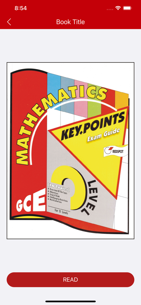 L'application Redspot eBooks affichant un guide de points clés en mathématiques pour le GCE niveau O avec un bouton Lire.