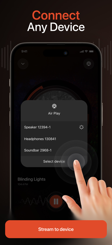 Radio FM AM・Local Stations - Oberfläche der Radio FM AM App, die das AirPlay-Menü zum Verbinden und Streamen von Radio auf externe Lautsprecher und Geräte anzeigt
