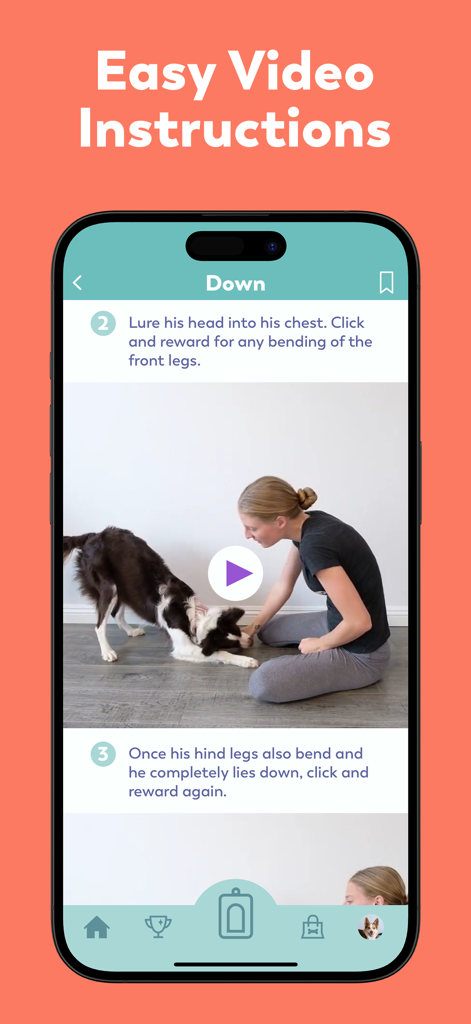 Puppr - Dog Training & Tricks - Puppr app screen displaying step-by-step video instructions for teaching a dog the down command