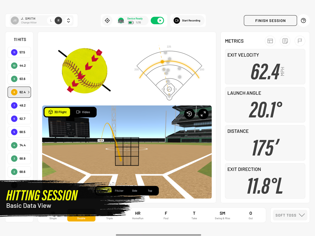 Rapsodo Softball - Rapsodo Softball app dashboard showing real-time hitting metrics including exit velocity and launch angle during a practice session.