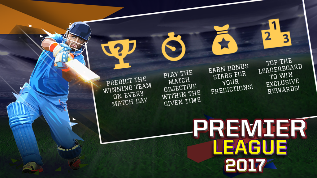 Cricket Unlimited 2017 - Cricket Unlimited 2017 screenshot showing Premier League mode features including match predictions and rewards