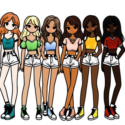 a group of girls wearing crop tops and shorts