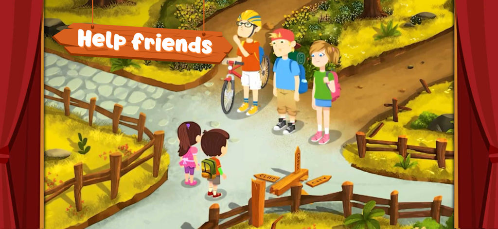 Cartoon scene from Zac and Zoey Interactive Stories where characters meet on a trail to help friends
