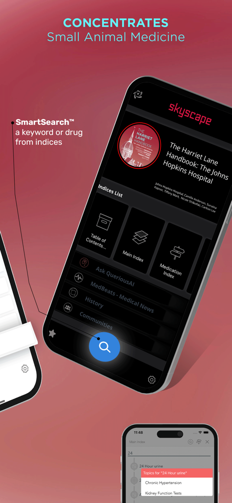 Harriet Lane Handbook app interface featuring SmartSearch and medical indices