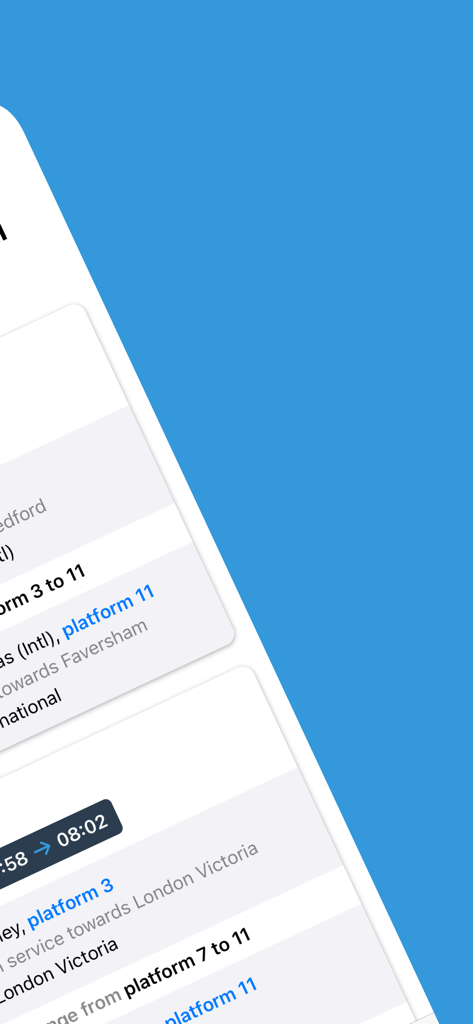 Train Times UK Journey Planner - Train Times UK のアプリスクリーンショットで、ライブプラットフォーム情報と旅程ルートを表示
