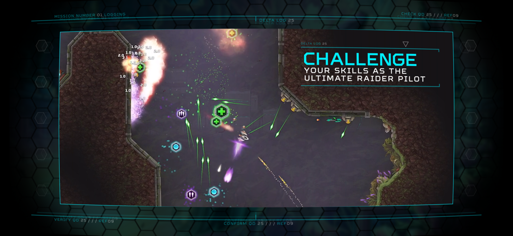 Raider - Spaceship navigating a hazardous cavern with explosions and projectiles in Raider