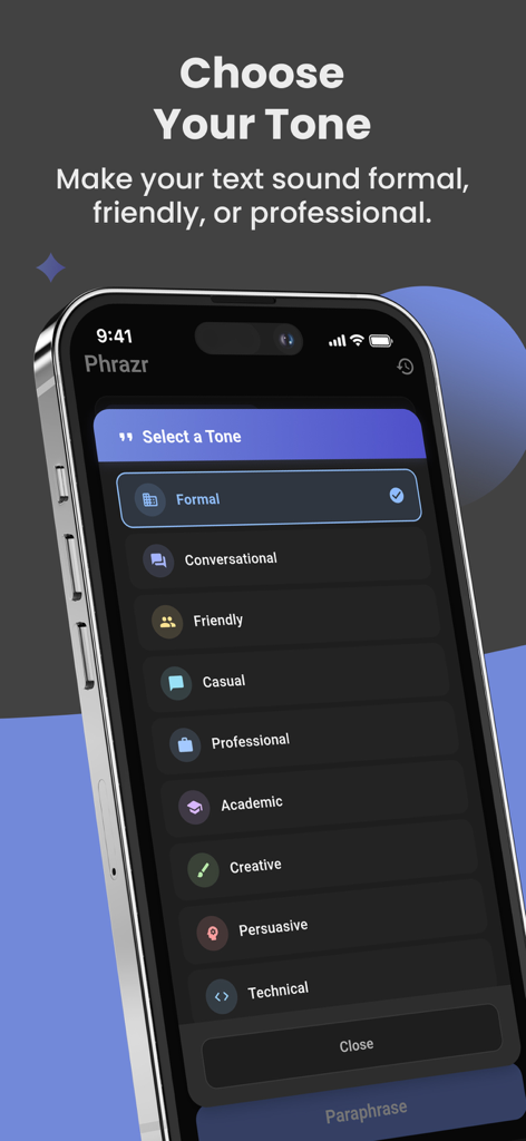 AI Paraphraser: Rephrase App - Interfaz que muestra varias opciones de tono de escritura como Formal, Profesional y Académico en la aplicación AI Paraphraser