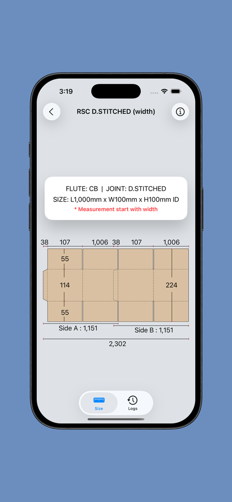 BoxMaster - Technical diagram of an RSC double stitched corrugated box layout in the BoxMaster app