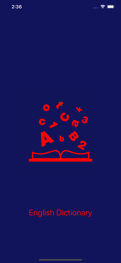 English Dictionary + Speaking - Splash screen of the English Dictionary app featuring a red open book icon with floating letters on a dark blue background.
