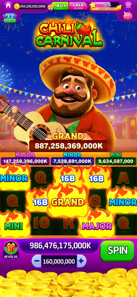 Jackpot Saga - Slots Casino - Machine à sous sur le thème mexicain Chili Carnival dans Jackpot Saga avec d'énormes récompenses de jackpot et une atmosphère festive