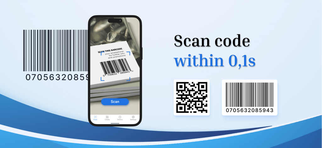 Interfaz de smartphone de una aplicación escáner de códigos de barras y QR que muestra un rendimiento de escaneo rápido y funciones de generación de códigos.