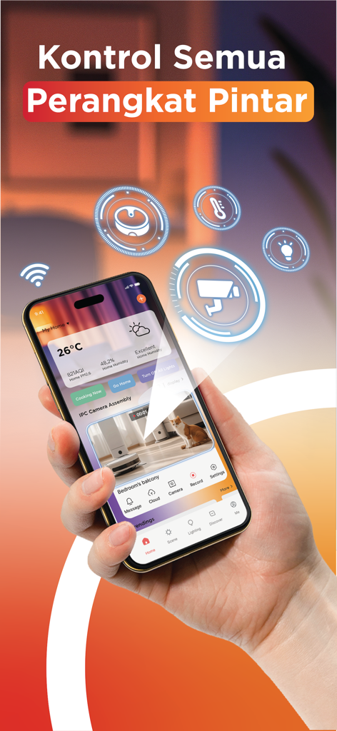 SYNC by Krisbow - A hand holding a smartphone displaying the SYNC by Krisbow app interface for controlling various smart home devices like cameras and lighting